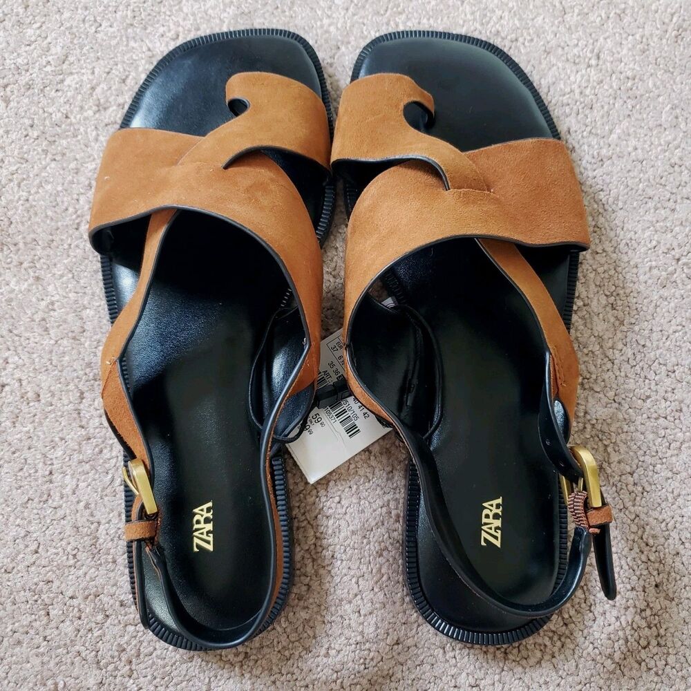 Zara Nwt Suede Leather Slide Strappy Sandals Toe Loop Metal Buckle Sz 6.5 Brown - Picture 4 of 13